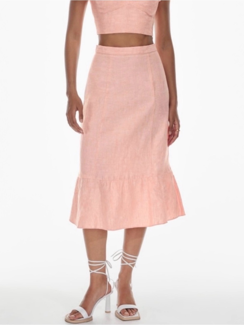Wilfred Blush Pink Ruffle-Hem Linen Midi Skirt